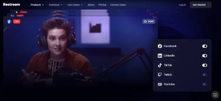 Restream Studio interface showing live streaming setup with multiple platform toggles like Facebook, YouTube, and Twitch