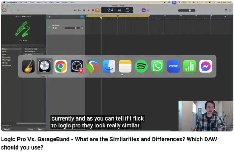 Screen recording showing differences between garageband and logic pro with interface comparison and workflow similarities
