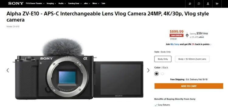 Sony Alpha ZV-E10 hd interchangeable lens vlog camera with flip screen and microphone, suitable for high-quality video content creation.