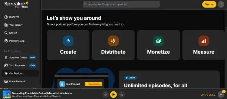 Spreaker podcast dashboard interface showing create, distribute, monetize, and measure features within an all-in-one podcast editing platform.