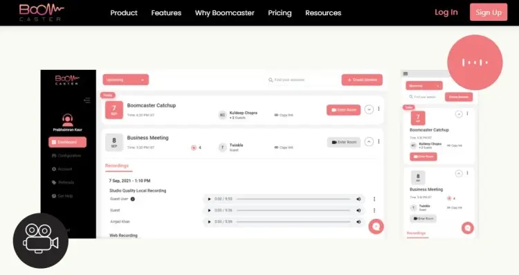 Boomcaster dashboard showing how the app lets you record podcast sessions with scheduling, recordings, and audio management tools