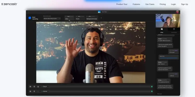 Zencastr interface showing built-in podcast recording with video, audio tracks, and chat for remote interviews