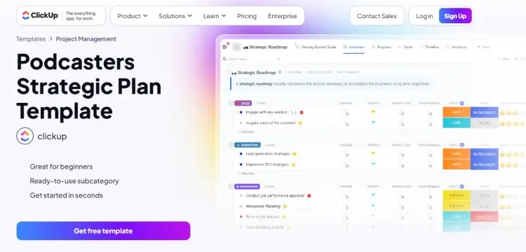 ClickUp strategic plan template dashboard showing tasks and roadmap to organize podcast workflow and Clickup plan template will help structure content and production