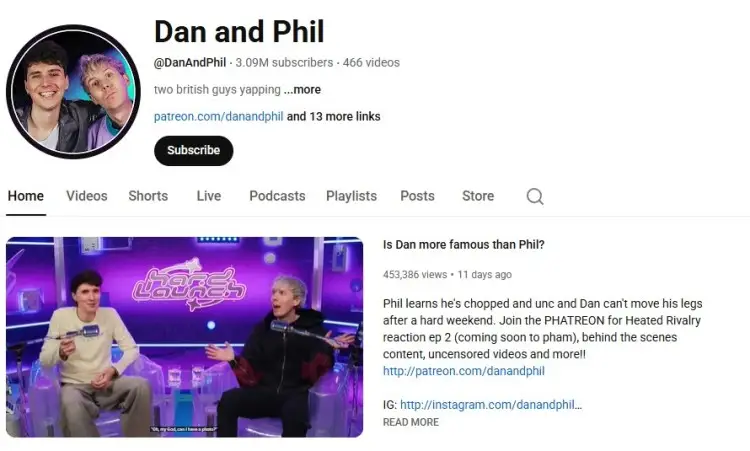 YouTube channel of Dan and Phil showing content and engagement, representing how creators are earning money on YouTube through views, memberships, and sponsorships.
