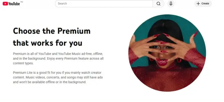 General youtube premium subscription page showing plan options, features like ad-free viewing, offline access, and background play.