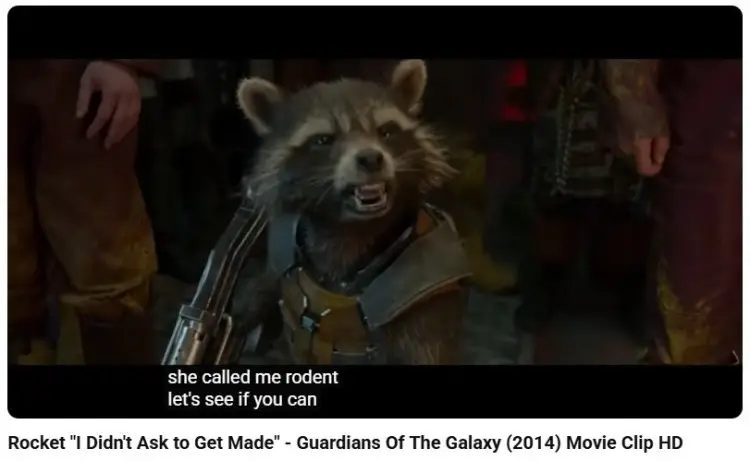 Rocket from Guardians of the Galaxy scene where verbal irony is used to bring humor through sarcastic dialogue and contrast between words and intent.