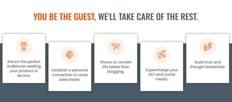 Marketing banner explaining interview services that recommend guests that fit your audience, helping attract the right listeners and build trust.