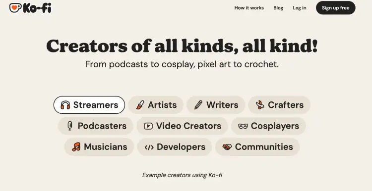 Ko-fi homepage showing how the platform gives creators from different categories like streamers, artists, writers, and podcasters a way to connect with their audience.