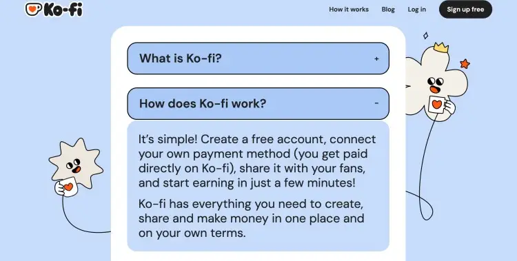 Ko-fi review screenshot showing how the platform works, including creating a free account, connecting payments, and earning from fans.