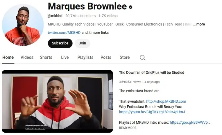 YouTube channel of Marques Brownlee showing how creators with million subscribers can make income through high views, brand deals, and consistent content.