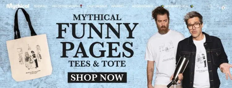 Mythical merchandise store showcasing products like tees and tote bags, representing additional income streams for YouTube creators beyond ad revenue.