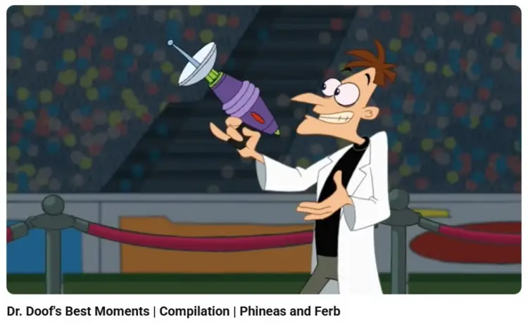 Dr Doofenshmirtz from Phineas and Ferb in a scene where verbal irony plays a role in humor through exaggerated statements and comedic dialogue.