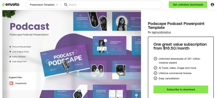 Podcast presentation slide templates on Envato used for planning ahead with branding, content structure, and episode promotion design