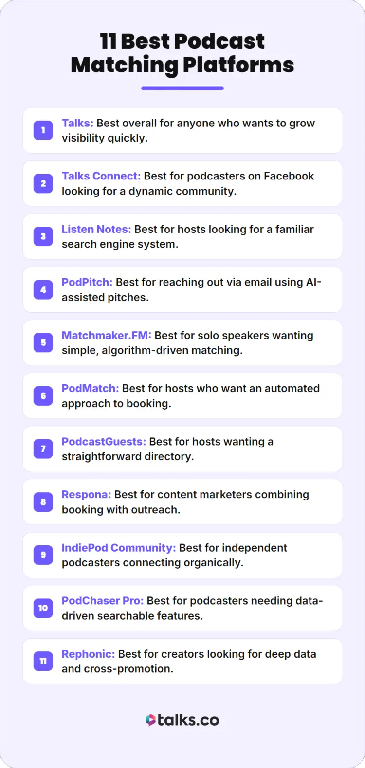 Infographic listing the best podcast matching platforms that helps podcasters find guests, book interviews, and grow visibility across different tools.