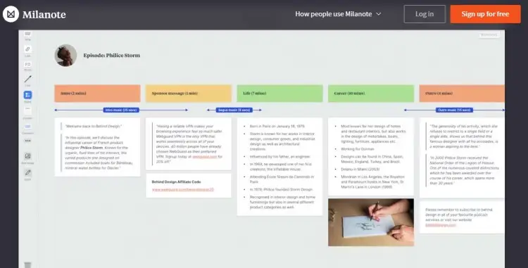 Milanote visual board showing podcast episode planning timeline and sections to stay organized with content, segments, and production flow