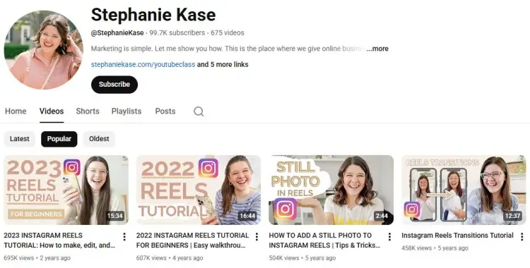 YouTube channel page showing Stephanie Kase with videos and thumbnails, highlighting subscriber count and number of views on each video.
