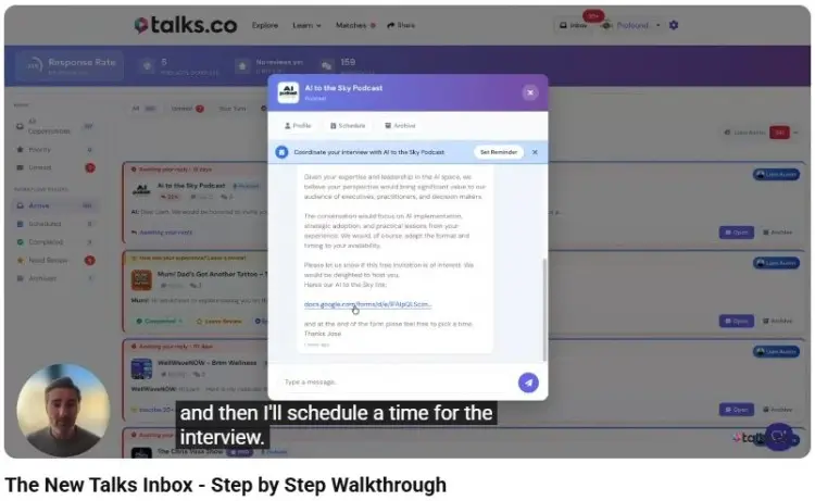 Talks.co inbox interface showing conversations with potential customers, including messages, interview coordination, and scheduling features.