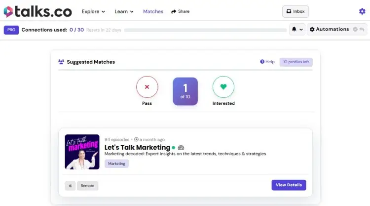 Talks.co dashboard showing a platform designed to connect podcast hosts and guests through suggested matches, interest selection, and profile browsing.