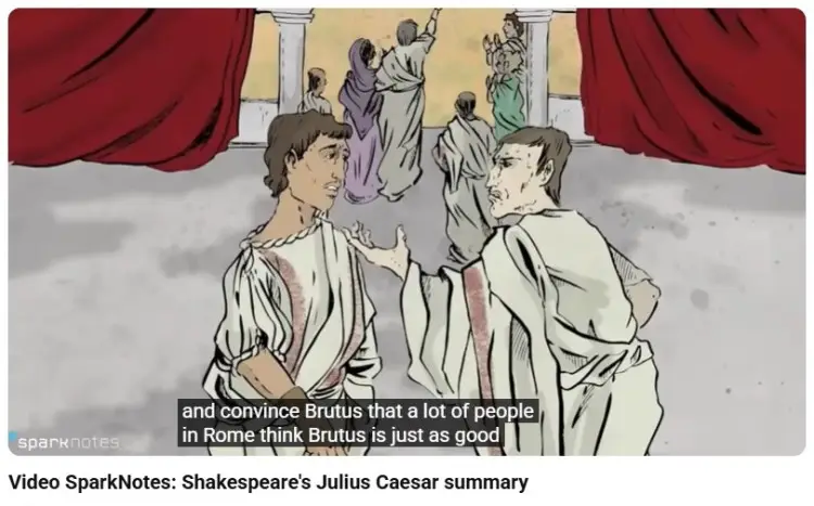 Illustration from Shakespeare’s Julius Caesar showing characters in conversation, demonstrating the use of verbal irony in dialogue and persuasion.