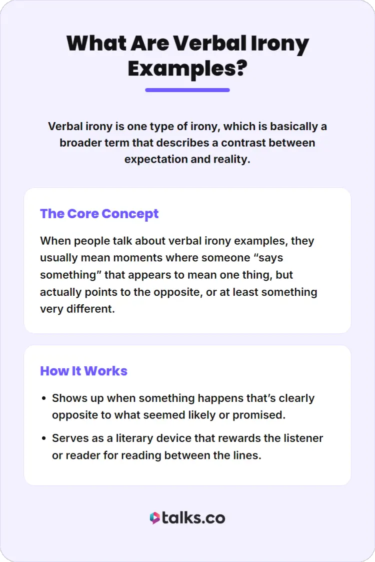 Infographic explaining verbal irony definition and examples, including core concept and how it works with simple explanations.