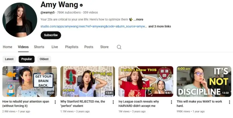 YouTube channel page showing Amy Wang with videos reaching million views on YouTube, highlighting popular content and high-performing videos.