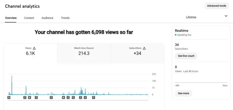YouTube analytics dashboard showing channel performance with views, watch time, subscribers, and realtime data.
