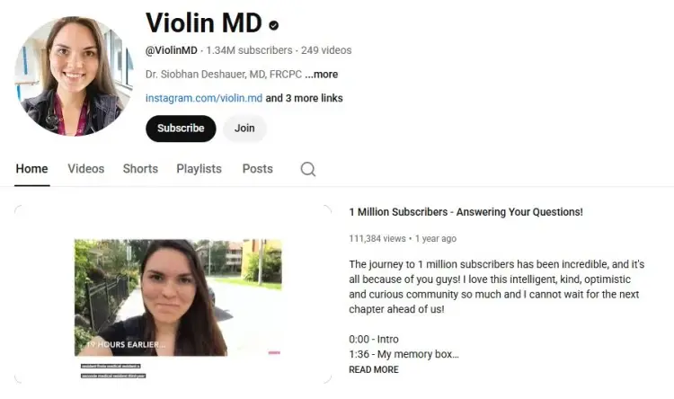 YouTube channel page of Violin MD, a youtuber with 1 million subscribers, showing profile details and a milestone video celebrating subscriber growth.