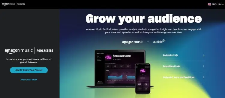 Amazon Music for Podcasters page encouraging creators to add your podcast and track audience growth