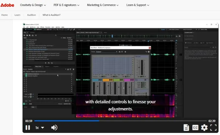 Adobe Audition interface showing audio editing controls and Adobe software integration features