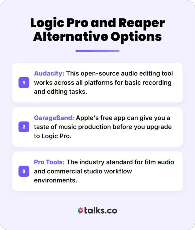Infographic comparing different DAWs including Audacity, GarageBand, and Pro Tools as alternatives to Logic Pro and Reaper.