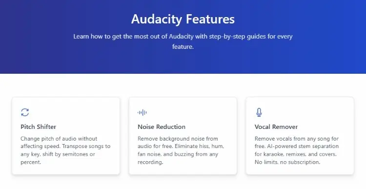 Audacity faqs and features page showing tools like pitch shifter, noise reduction, and vocal remover