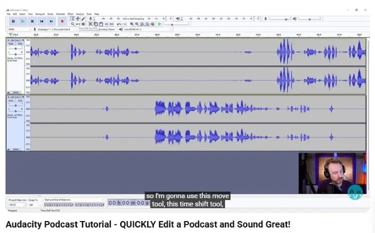 Audacity podcast editing tutorial showing waveform editing tools and timeline controls