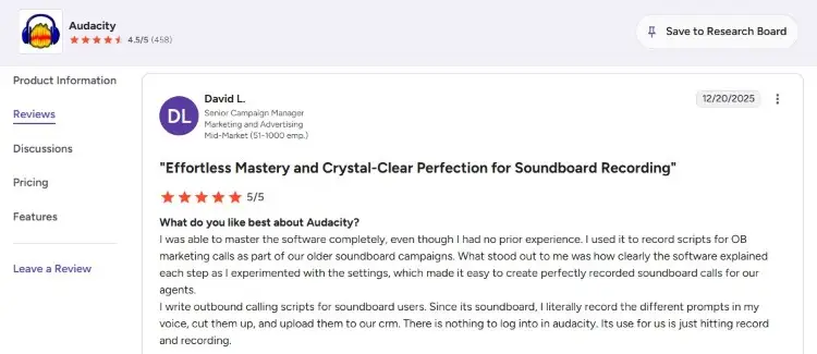 User review page describing Audacity software for personal use and soundboard recording