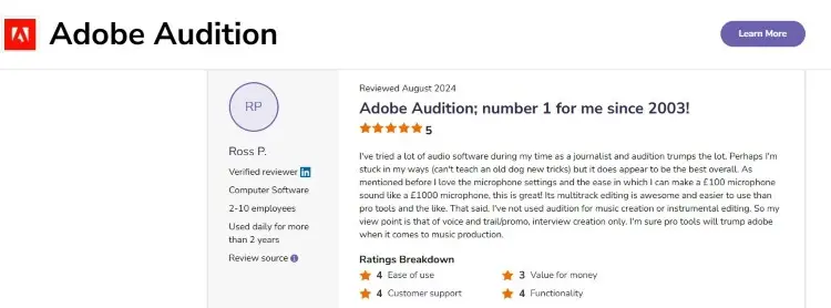 Review page explaining that Adobe Audition requires a subscription for continued access