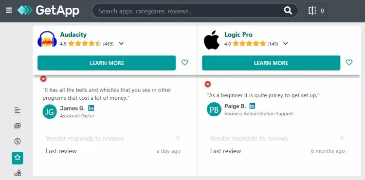 Software review platform comparing average user rating scores for Audacity and Logic Pro