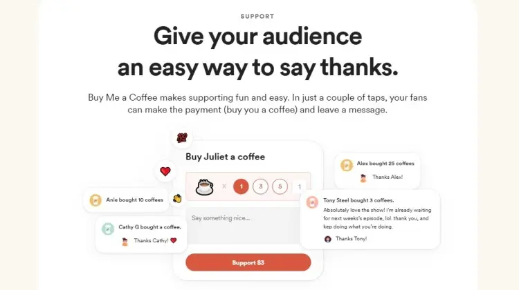 Buy Me a Coffee interface designed for creators showing an easy way for audiences to send tips and messages of support