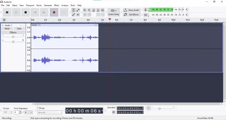 Audacity audio editor interface displaying waveform tracks for recording and editing audio