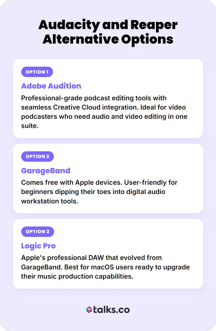 Infographic comparing Audacity and Reaper alternative options for audio editing and production