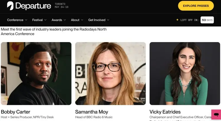 Conference features industry leaders Bobby Carter, Samantha Moy, and Vicky Eatrides at the Radiodays North America event in Toronto.