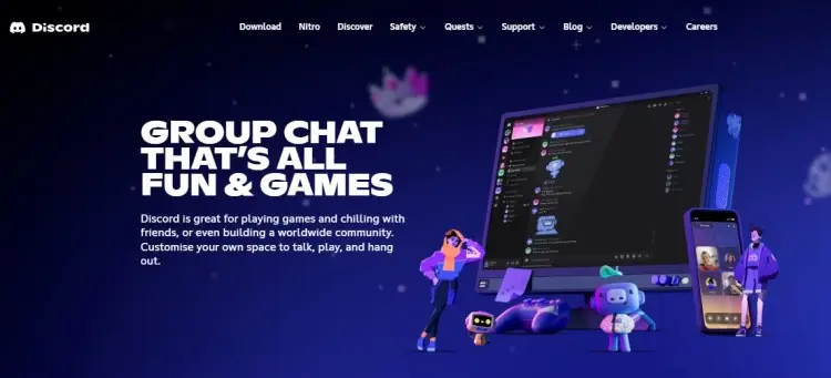 Discord homepage promoting community features and communication tools useful for creating podcast on Discord and engaging listeners online.