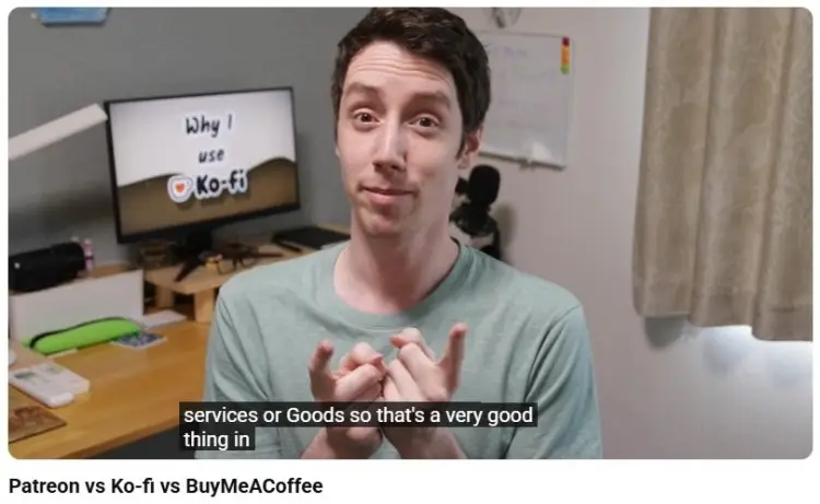 Content creator explaining platforms like ko-fi and alternatives while discussing ways to earn from services or digital goods