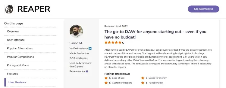 REAPER user review page discussing the experience of using Reaper for audio production and editing