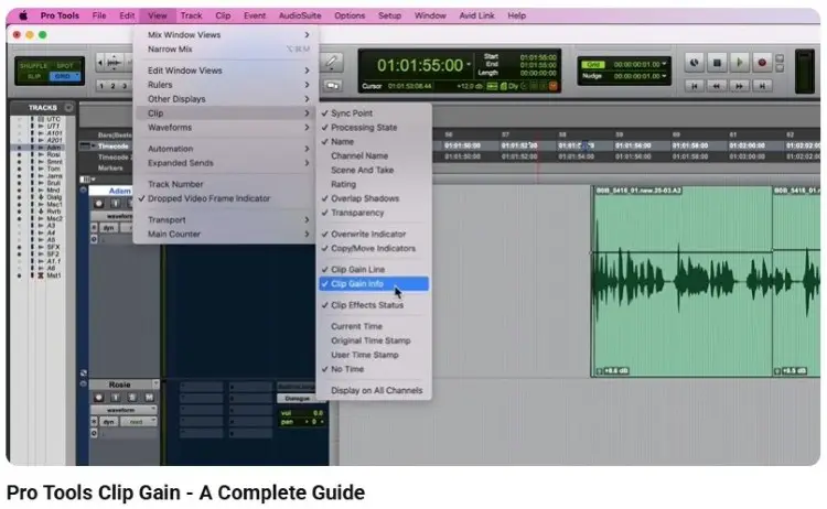 Screenshot showing how Pro Tools uses clip gain controls for audio waveform editing