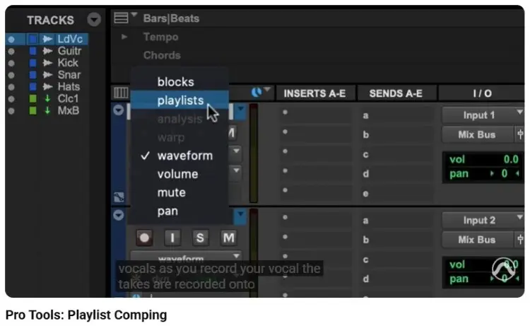 Screenshot demonstrating a feature that Pro Tools provides for playlist comping and vocal editing
