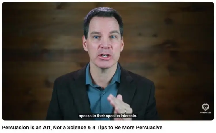 Speaker presenting effective persuasive communication tips in a video about improving persuasion and audience engagement skills.