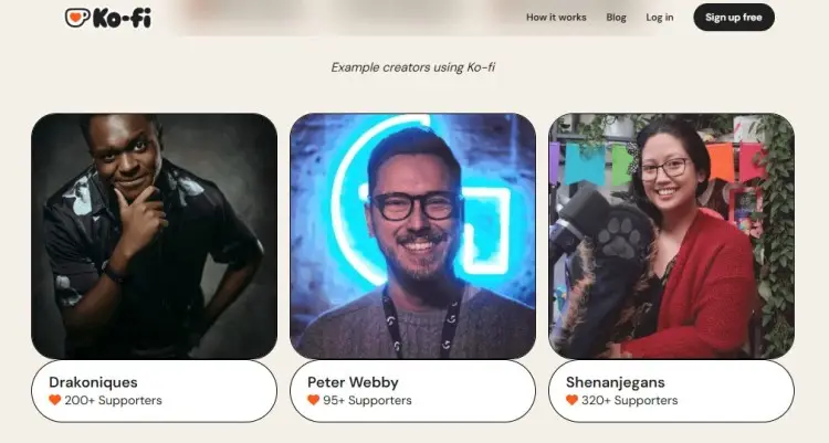 Examples of creators who post their creations on Ko-fi platform showing supporter counts and creator profiles