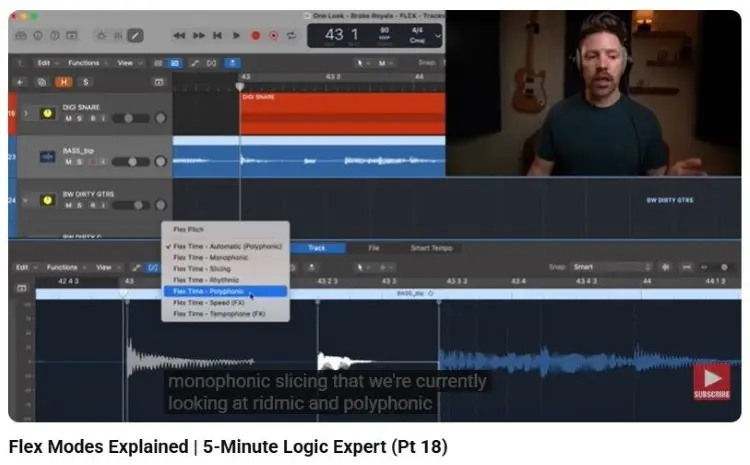 Tutorial showing features in Logic Pro including Flex Time editing and audio stretching tools