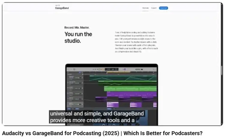 GarageBand vs Audacity vide review showing the GarageBand interface with music production tools, tracks, and editing features for podcasting and audio creation.