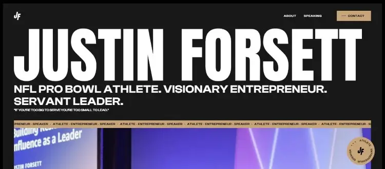 Justin Forsett homepage example showing a great speaker’s website with bold typography and personal branding