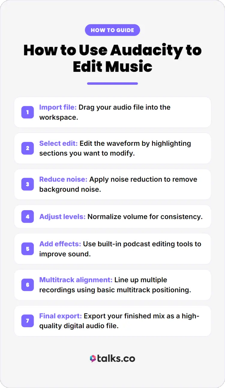 Infographic for people new to audio editing showing how to use Audacity to edit music and improve sound quality